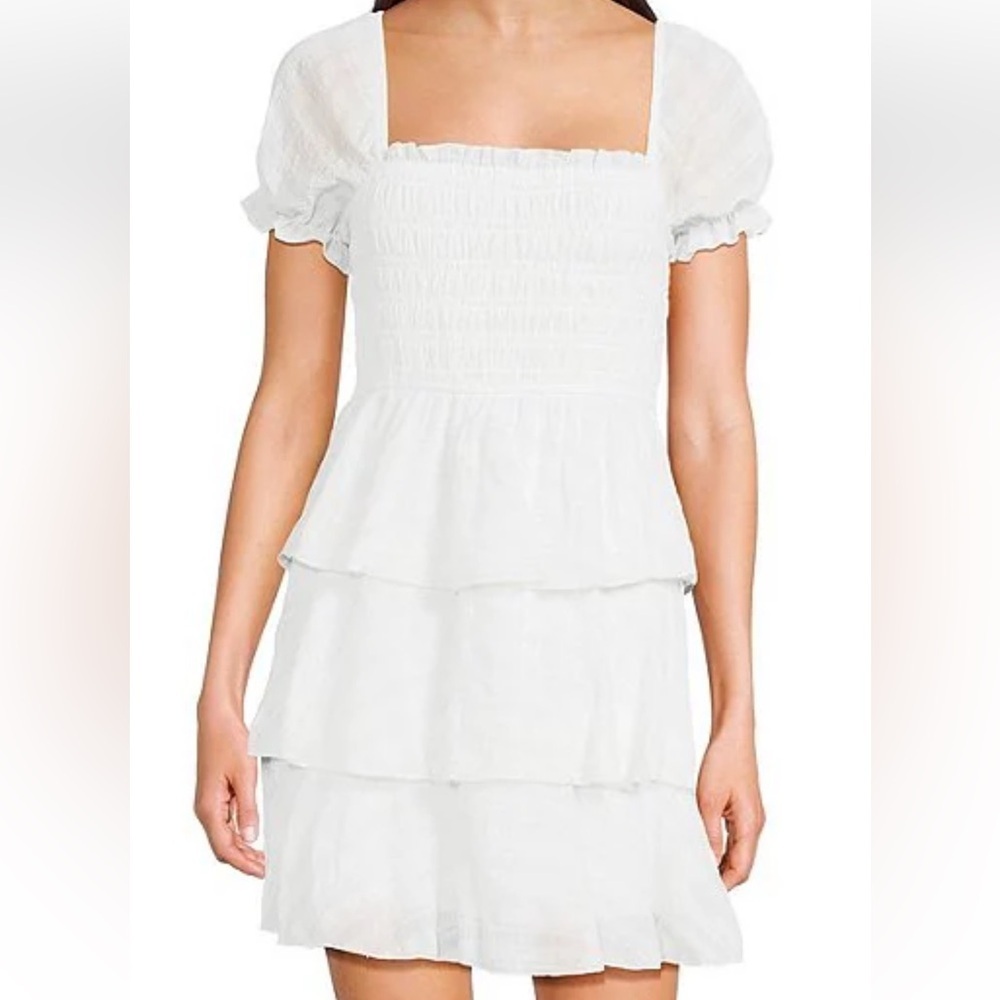 White smocked‎ puff sleeve Tiered Ruffle Dress